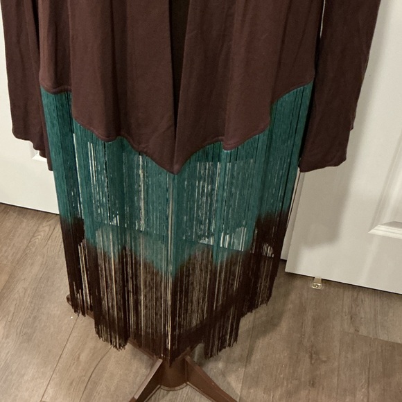 Boston Proper Women’s  Western Boho Brown Teal Fringe Open Cardigan Size Medium - Picture 3 of 15